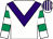 White, purple chevron, white and emerald green hooped sleeves, white and purple striped cap