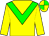 Yellow body, green chevron, yellow arms, yellow cap, green quartered