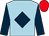 light blue, dark blue diamond, dark blue sleeves,  red cap