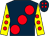 Dark blue, large red spots, yellow sleeves, red spots, dark blue cap, red spots