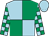 Light blue and emerald green (quartered), checked sleeves, light blue cap