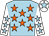 Light blue, orange stars, white sleeves, light blue stars, white cap, light blue star