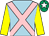 Light blue, pink cross sashes, yellow sleeves, emerald green cap, white star