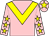 Pink, yellow chevron, yellow stars on sleeves, yellow star on cap