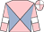 Pink and baby blue quartered diagonally baby blue sleeves, white armbands, quartered cap