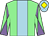 Light green, light blue stripe, light green and mauve diabolo on sleeves, light blue cap, yellow diamond