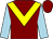 Maroon, yellow chevron, light blue sleeves