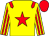 yellow, red star, red epaulettes, striped sleeves, red cap