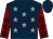 Dark blue, grey stars, maroon sleeves, dark blue stars, dark blue cap