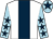 White, dark blue stripe, light blue sleeves, dark blue stars, light blue cap, dark blue star