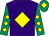 Purple, yellow diamond, emerald green sleeves, yellow diamonds, emerald green cap, yellow diamond