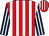 Red and white stripes, dark blue and white striped sleeves