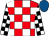 Red and white check, black and white check sleeves, royal blue cap