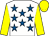 White, royal blue stars, yellow sleeves & cap