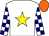 White, neon yellow and dark orange star, white and navy checked sleeves, dark orange cap