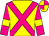 Yellow, magenta crossed sashes and sleeves, yellow armbands, quartered cap