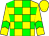 Yellow body, green checks, yellow arms, green chevron, yellow cap