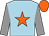 Light blue, orange star, grey sleeves, orange cap