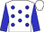 white, blue spots, blue sleeves, white cap