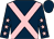 Dark blue, pink cross sashes, pink stars on sleeves, dark blue cap