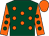 Dark green, orange spots, orange sleeves, dark green spots, orange cap