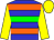 Blue, orange and green hoops, yellow sleeves and cap