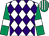 White & purple diamonds, emerald green sleeves, white armlet, emerald green & white striped cap