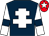 Dark blue, white cross of lorraine, white sleeves, dark blue armlets, red cap, white star