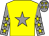 yellow, grey star, grey sleeves, yellow stars, grey cap, yellow stars