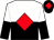 white and black halved horizontally, red diamond, white and black halved sleeves, red diamond on black cap