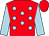 Red, light blue spots, light blue sleeves, red cap