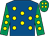 Royal blue, yellow spots, emerald green sleeves, yellow spots, emerald green cap, yellow spots