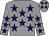 Grey body, purple stars, grey arms, purple stars, grey cap, purple stars