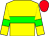 Yellow body, green hoop, yellow arms, green armlets, red cap