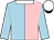 Light blue, pink halves, white collar, light blue sleeves, white cap, black peak