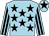 light blue, black stars, striped sleeves, black star on cap