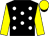 Black, white spots, yellow sleeves and cap, black peak