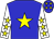 Big-blue body, yellow star, white arms, yellow stars, big-blue cap, yellow stars