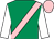 Emerald green, pink sash, white sleeves, pink cap