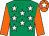 Emerald green, white stars, orange sleeves, orange cap, white star