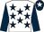 White, dark blue stars, dark blue sleeves, dark blue cap, white star