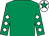 Emerald green, white diamonds on sleeves, white cap, emerald green star