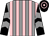 Grey and pink stripes, black and grey chevrons on sleeves, black and pink hooped cap