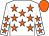 White body, orange stars, white arms, orange stars, orange cap