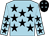 light blue, black stars, black cap with light blue stars