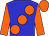 Blue, large orange spots, orange sleeves and cap