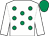 White, emerald green spots, white sleeves, emerald green cap