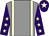 Grey, beige braces, purple sleeves, beige stars, purple cap, beige star