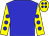 Big-blue body, yellow arms, big-blue spots, yellow cap, big-blue spots