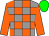 Grey body, orange checked, orange arms, green cap